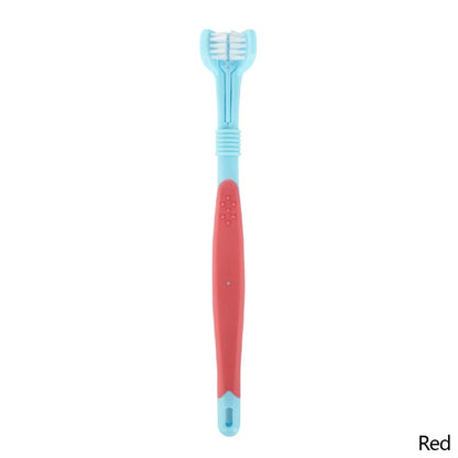 Brosse à dents à trois têtes pour chien et chat bleu et rouge