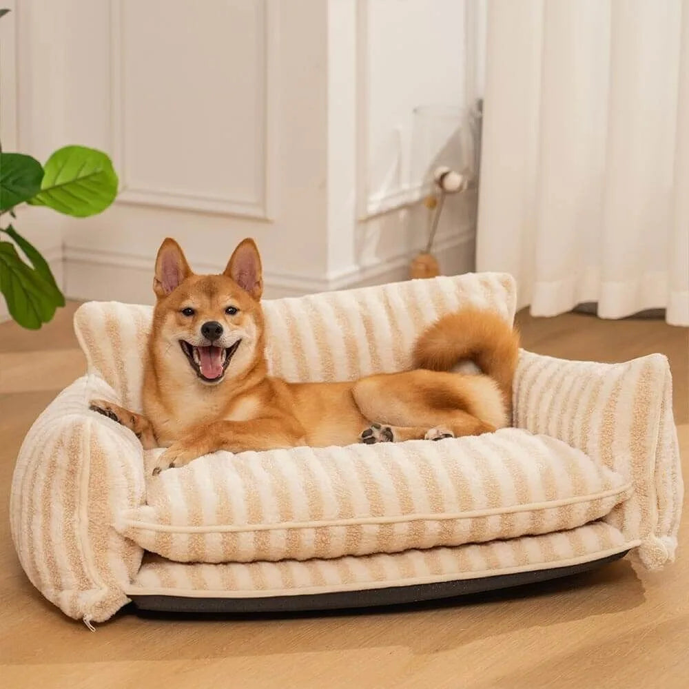 Canapé-lit rayé en fausse laine d'agneau pour animaux de compagnie beige et blanc