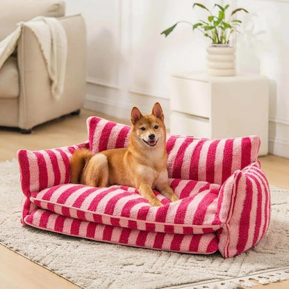 Canapé-lit rayé en fausse laine d'agneau pour animaux de compagnie rose et rouge 