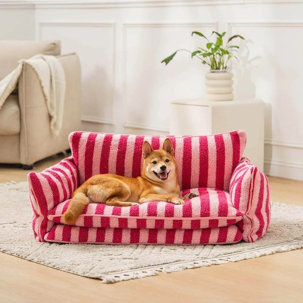 Canapé-lit rayé en fausse laine d'agneau pour animaux de compagnie rouge et rose