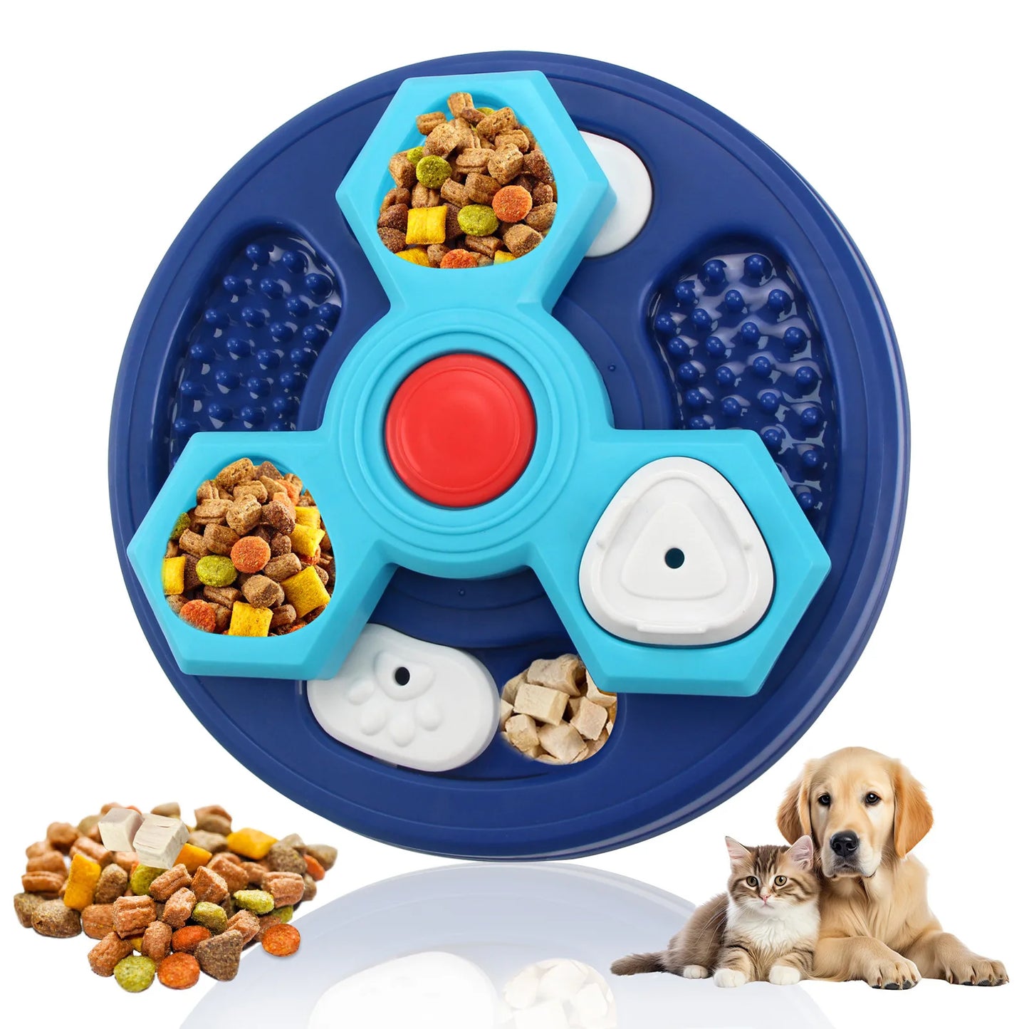 Jouet interactif pour chien avec distributeur de nourriture et plateau de léchage bleu clair et bleu foncé 