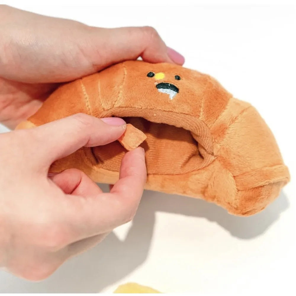 Jouet en peluche croissant cache friandises amusant pour chien avec couineur intégré