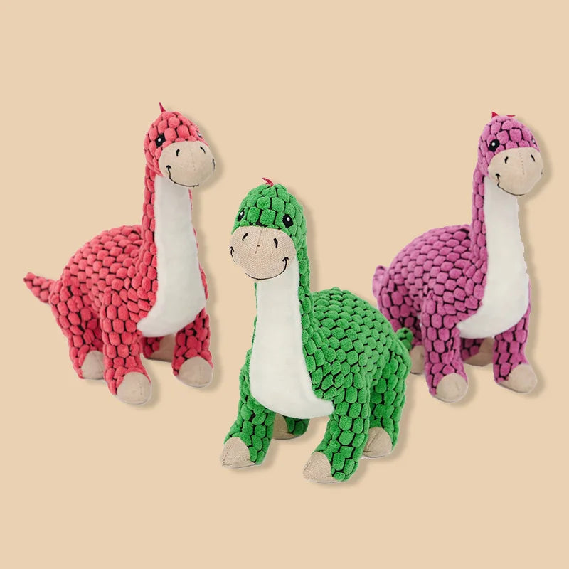 Jouet en peluche pour chien en forme de dinosaure avec couineur trois coloris disponibles