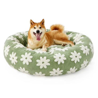 Lit apaisant à motifs fleurs pour chien vert et blanc grand modele