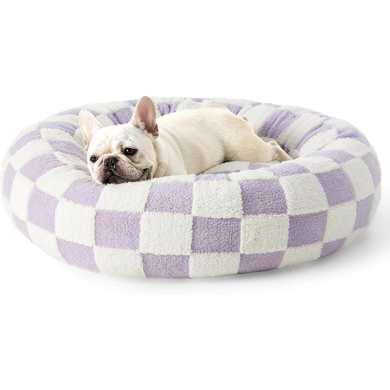 Lit rond apaisant à motif damier pour chien lila et blanc 