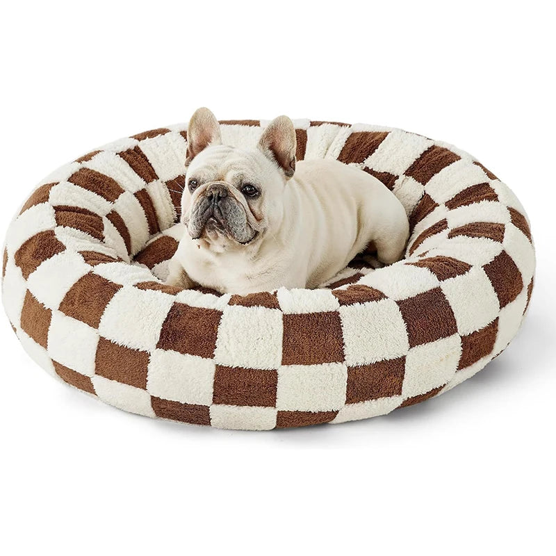 Lit rond apaisant à motif damier pour chien marron et blanc 