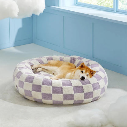 Lit rond apaisant à motif damier pour chien violet 