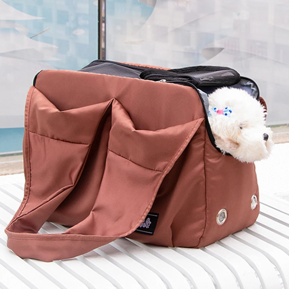 Sac de transport imperméable et pliable pour chaton et chiot marron avec chien